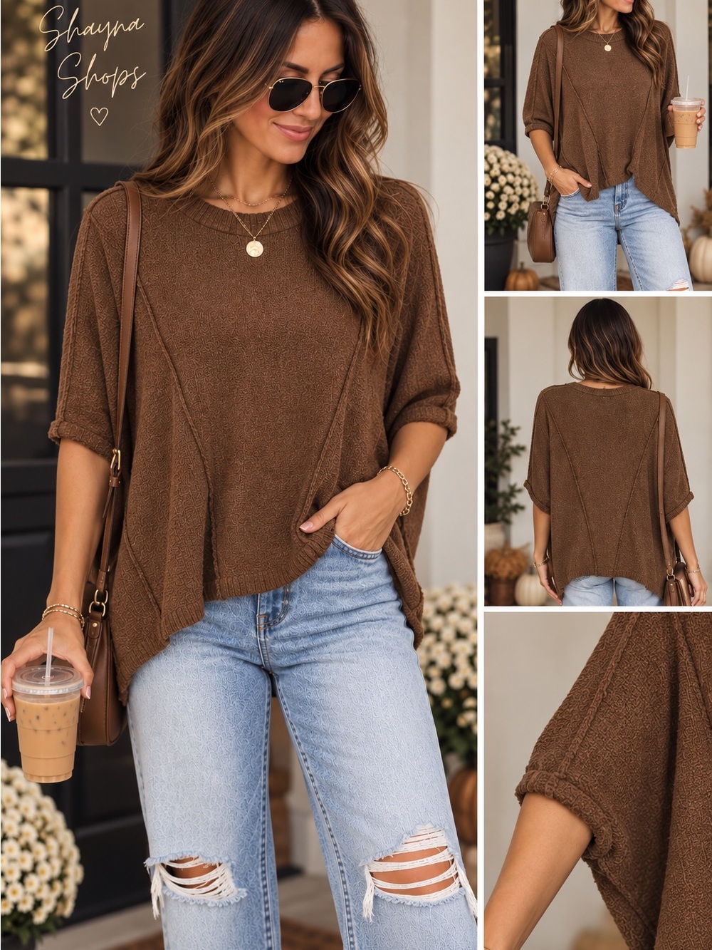 Brown Batwing Style Knit Short Sleeve Sweater Top